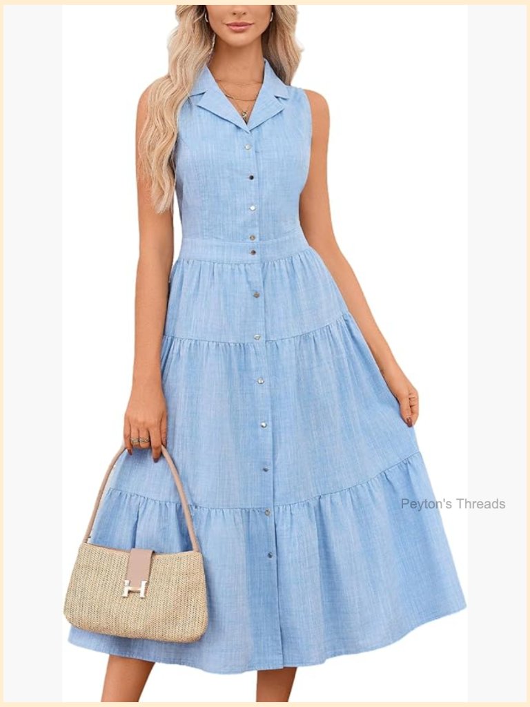 Cotton Linen Sleeveless Lapel Collar Button Front Tiered A-Line Midi Dress